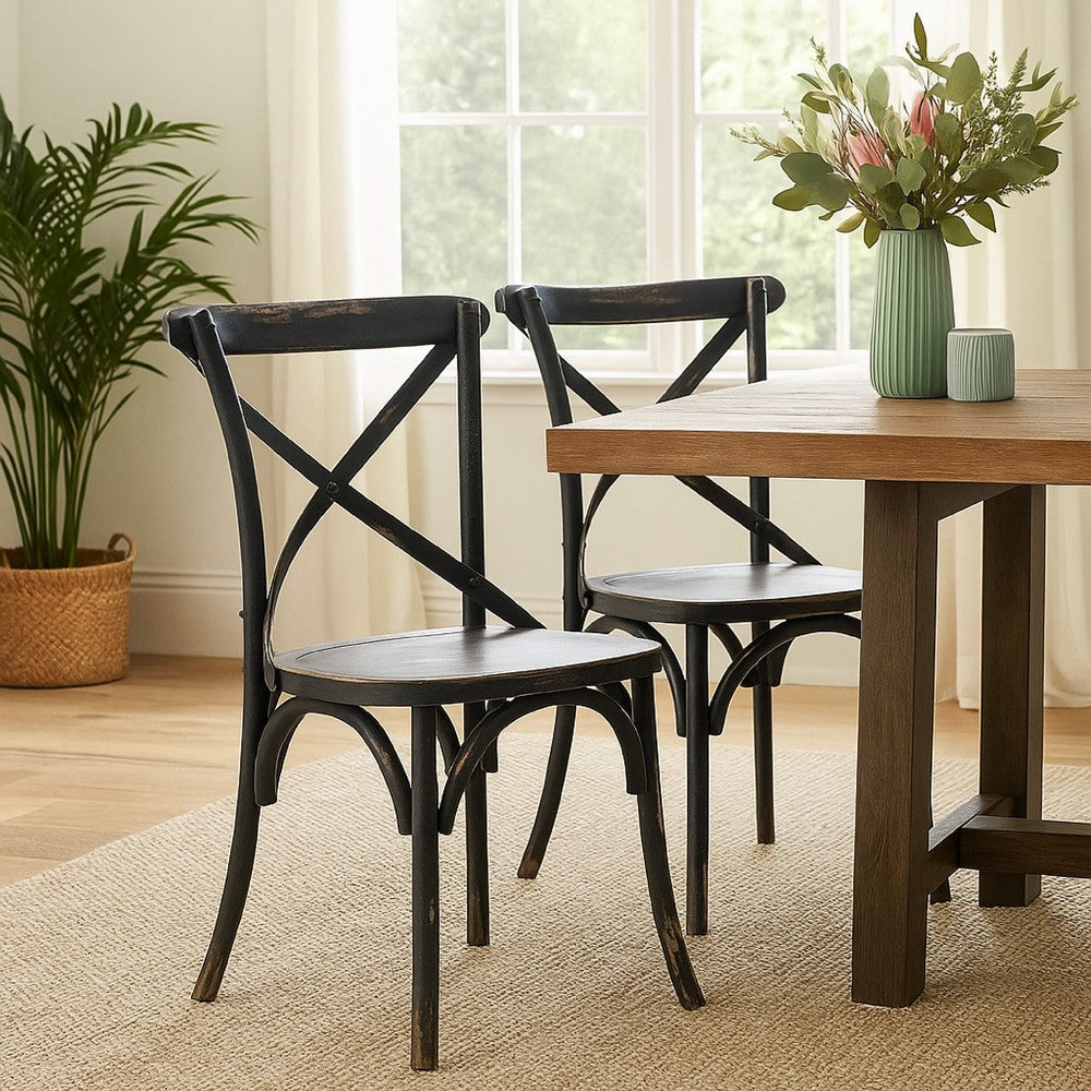 Puri Dining Side Chair Set of 2, X Shaped Backrest, Reclaimed Black -BM326623