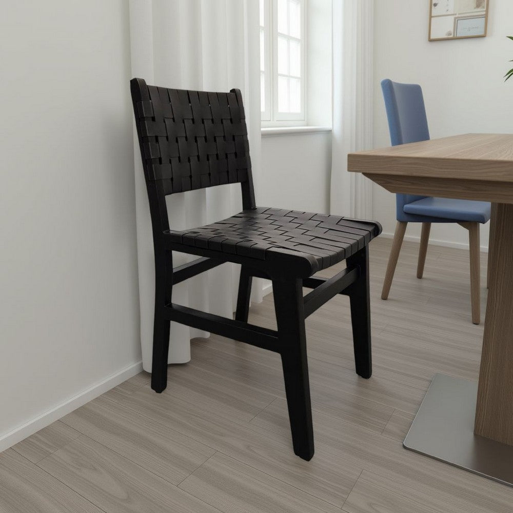 Coxy Dining Chair Set of 2, Woven Black Goat Leather Straps, Wood -BM326628