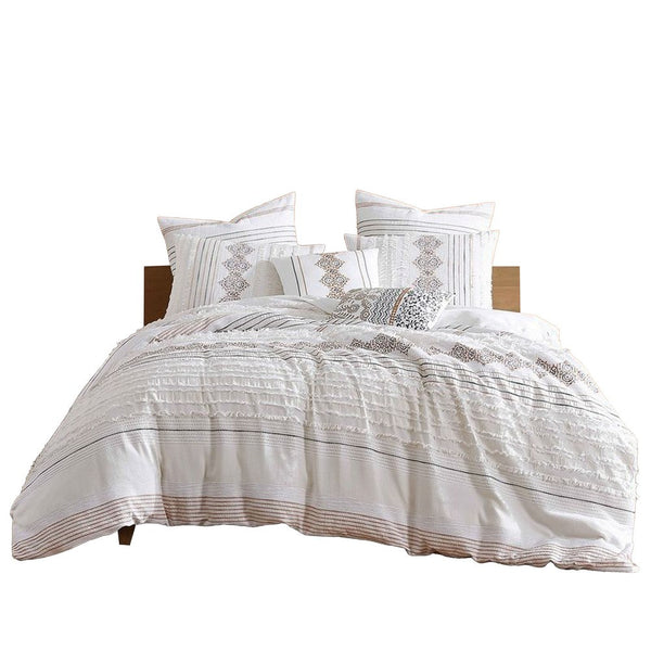 Jela 5pc King Size Comforter Set, Shams, White Clipped Jacquard Stripe -BM326654