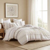 Jela 5pc King Size Comforter Set, Shams, White Clipped Jacquard Stripe -BM326654