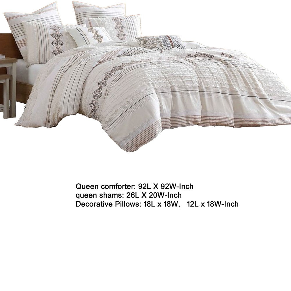 Jela 5pc Queen Comforter Set, Shams, White Clipped Jacquard Stripe -BM326655