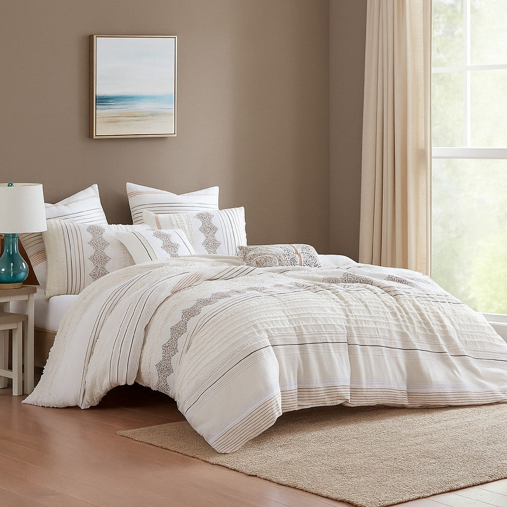 Jela 5pc Queen Comforter Set, Shams, White Clipped Jacquard Stripe -BM326655