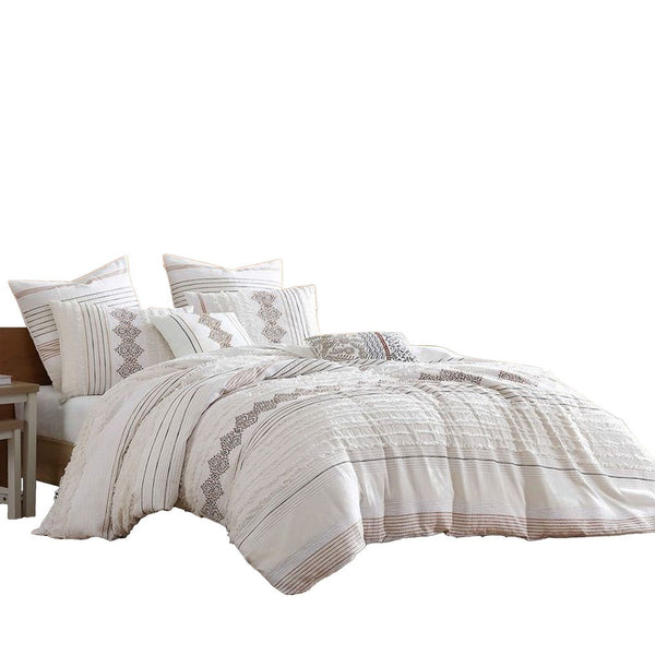 Jela 5pc Queen Comforter Set, Shams, White Clipped Jacquard Stripe -BM326655