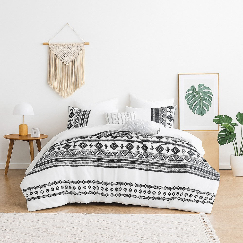Jim 5pc King Size Comforter Set, Shams, White Black Jacquard Stripe -BM326657