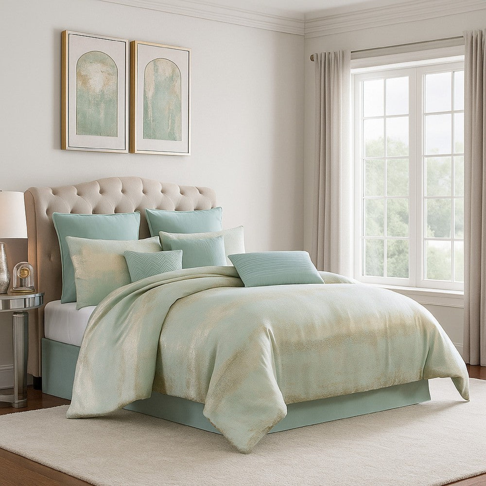 Teesa 10pc King Comforter Set, Shams, Blue and Gold Woven Jacquard -BM326660