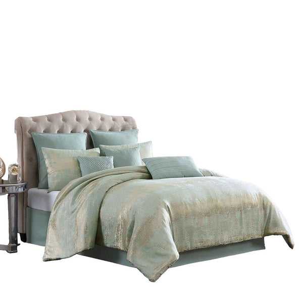 Teesa 10pc King Comforter Set, Shams, Blue and Gold Woven Jacquard -BM326660