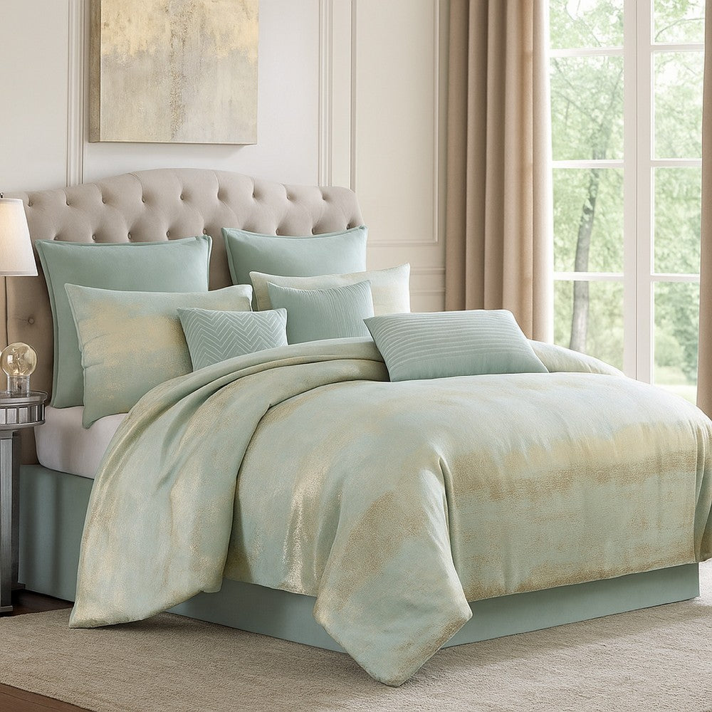 Teesa 9pc Queen Comforter Set, Shams, Blue and Gold Woven Jacquard -BM326661