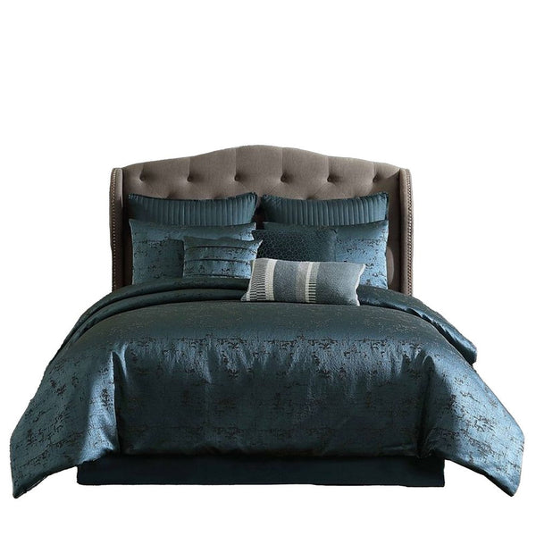 Beny 10pc King Size Comforter Set, Dark Turquoise Blue Woven Jacquard -BM326662
