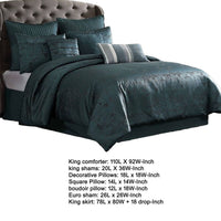Beny 10pc King Size Comforter Set, Dark Turquoise Blue Woven Jacquard -BM326662