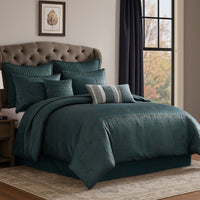Beny 10pc King Size Comforter Set, Dark Turquoise Blue Woven Jacquard -BM326662