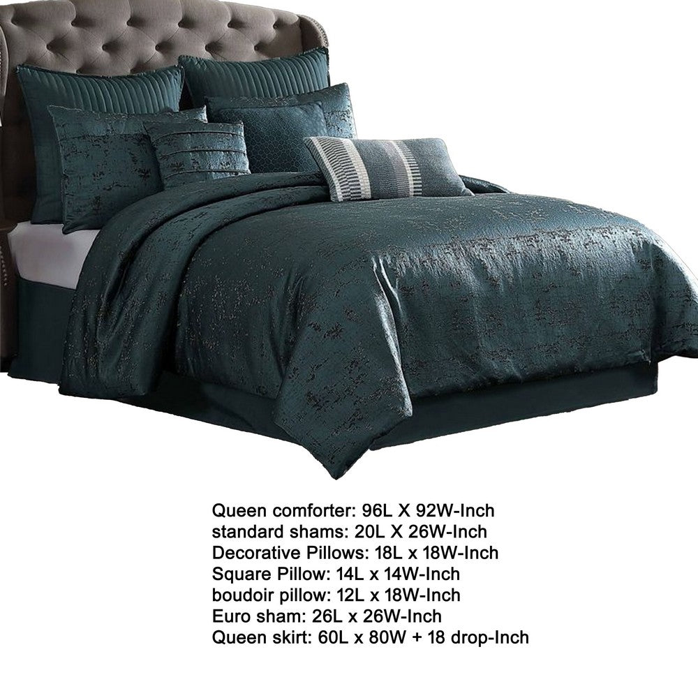 Beny 9pc King Size Comforter Set, Dark Turquoise Blue Woven Jacquard -BM326663