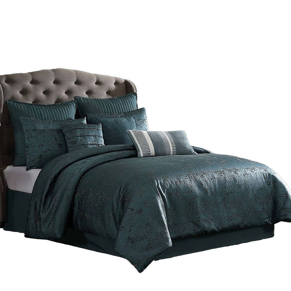 Beny 9pc King Size Comforter Set, Dark Turquoise Blue Woven Jacquard -BM326663