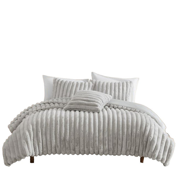 Sieno 4pc Queen Comforter Set, Gray Faux Fur and Micro Mink Backing -BM326670