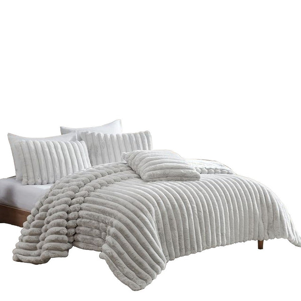 Sieno 4pc Queen Comforter Set, Gray Faux Fur and Micro Mink Backing -BM326670