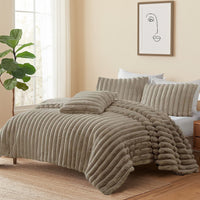 Sieno 4pc King Comforter Set, Taupe Brown Faux Fur, Micro Mink Backing -BM326672