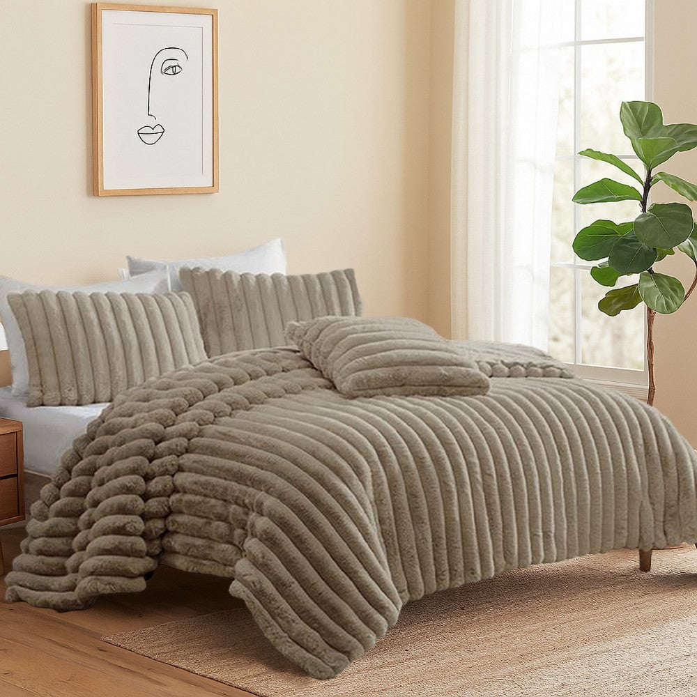 Sieno 4pc Queen Comforter Set, Taupe Brown Faux Fur Micro Mink Backing -BM326673