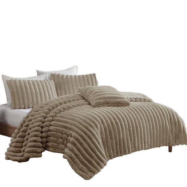 Sieno 4pc Queen Comforter Set, Taupe Brown Faux Fur Micro Mink Backing -BM326673