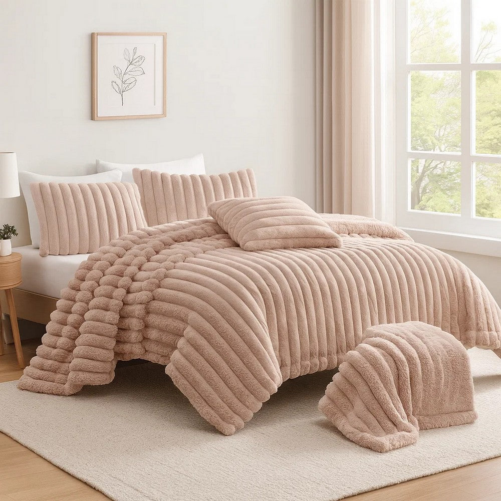 Sieno 4pc King Comforter Set, Blush Pink Faux Fur, Micro Mink Backing -BM326675