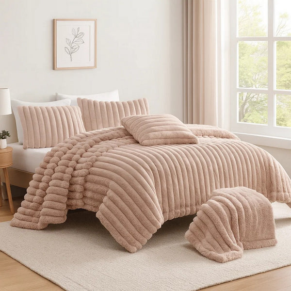 Sieno 4pc King Comforter Set, Blush Pink Faux Fur, Micro Mink Backing -BM326675