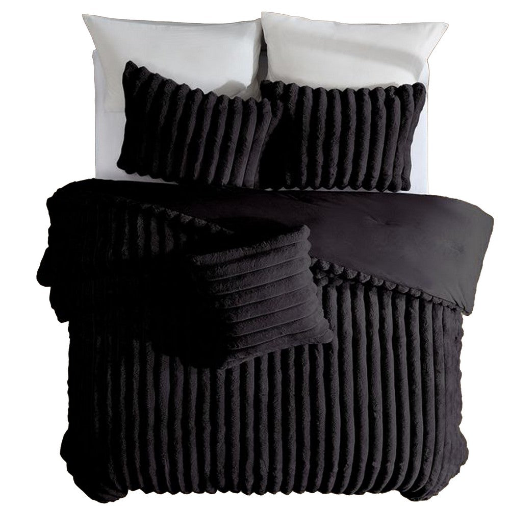 Sieno 4pc Queen Comforter Set, Shams, Black Faux Fur, Micro Mink Back -BM326679
