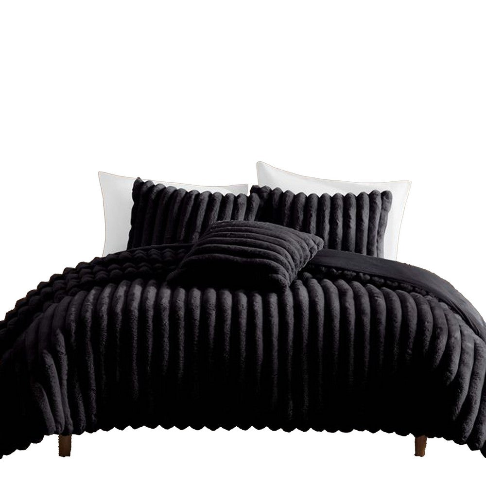 Sieno 4pc Queen Comforter Set, Shams, Black Faux Fur, Micro Mink Back -BM326679