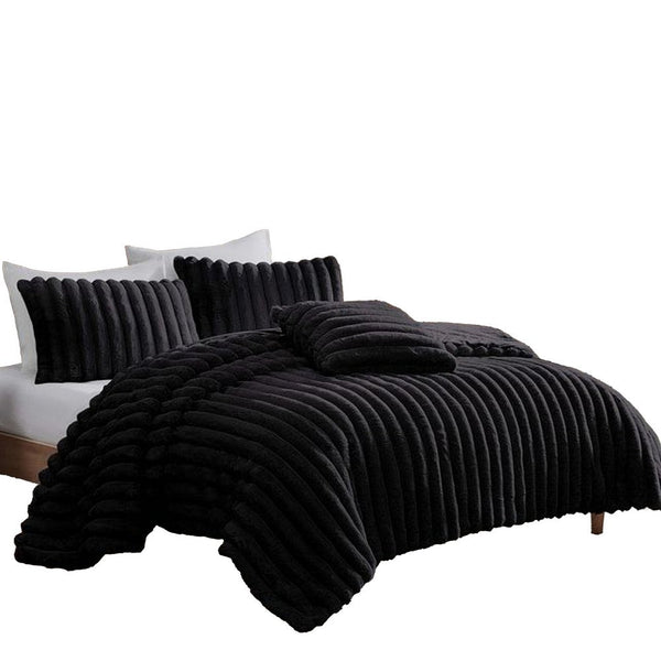 Sieno 4pc Queen Comforter Set, Shams, Black Faux Fur, Micro Mink Back -BM326679