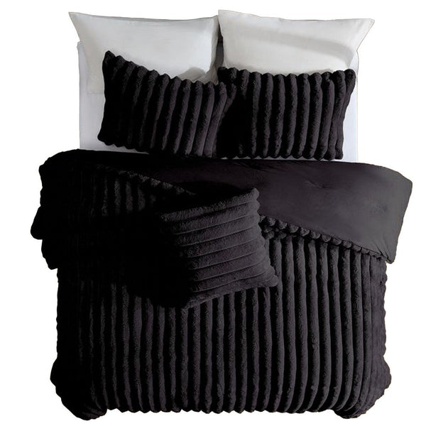 Sieno 3pc Twin XL Comforter Set, Shams, Black Faux Fur Micro Mink Back -BM326680