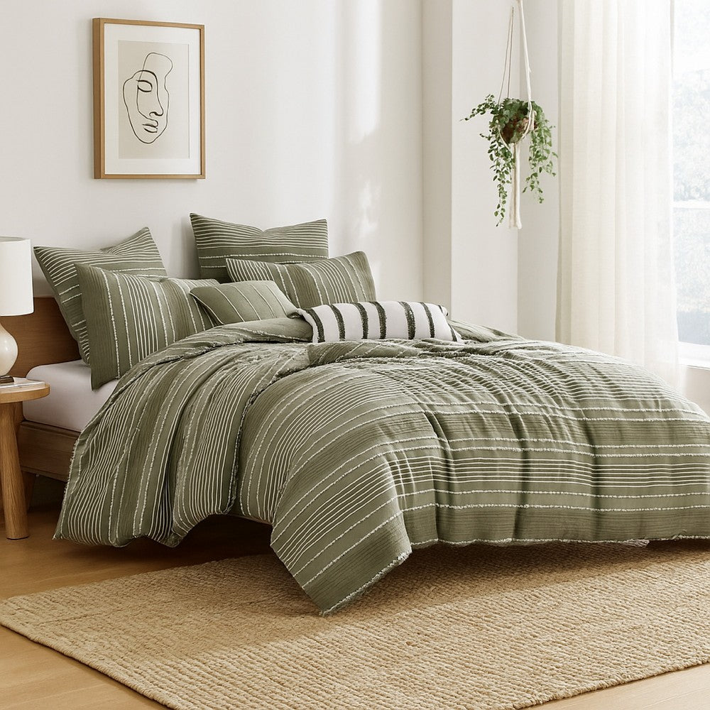 Meo 5pc King Size Comforter Set, Green Textured Woven Jacquard Stripe -BM326681