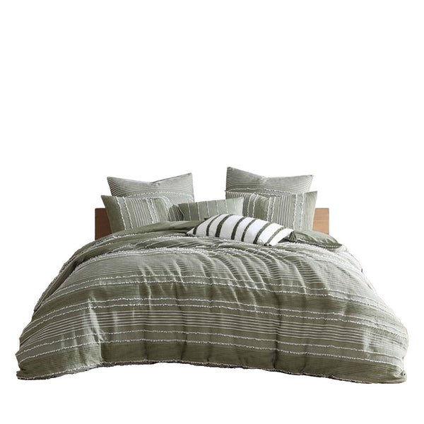 Meo 5pc Queen Size Comforter Set, Green Textured Woven Jacquard Stripe -BM326682
