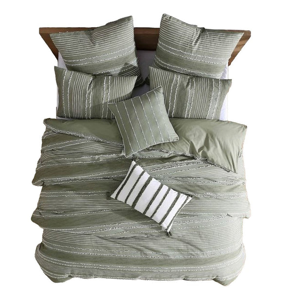 Meo 5pc Queen Size Comforter Set, Green Textured Woven Jacquard Stripe -BM326682