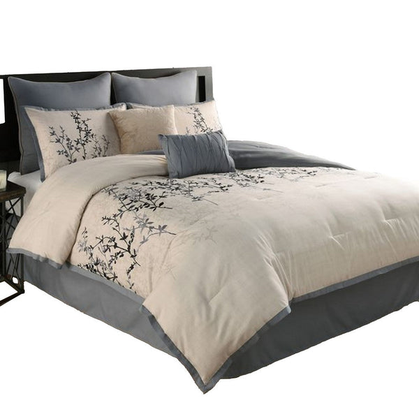 Yedy 8pc King Size Comforter Set, Blue and Cream Floral Embroidery -BM326684