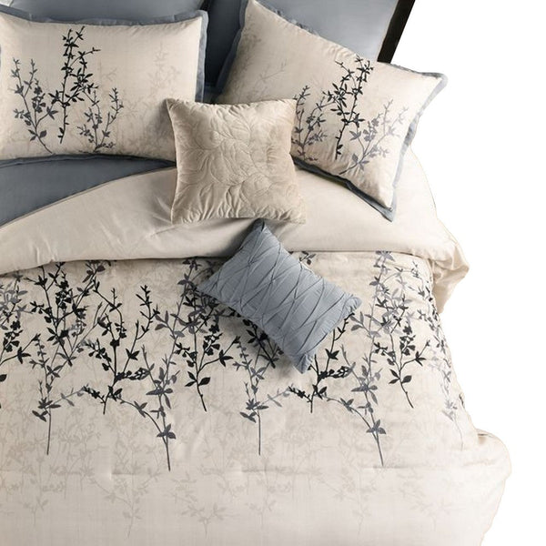 Yedy 8pc King Size Comforter Set, Blue and Cream Floral Embroidery -BM326684