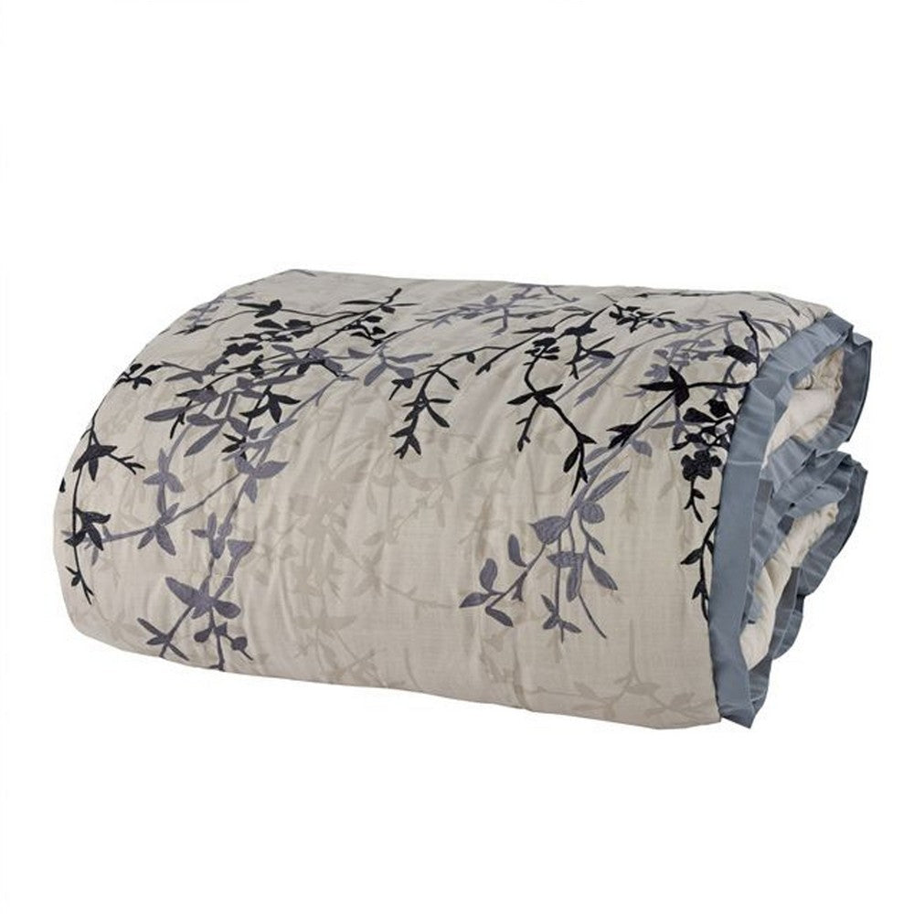 Yedy 8pc King Size Comforter Set, Blue and Cream Floral Embroidery -BM326684
