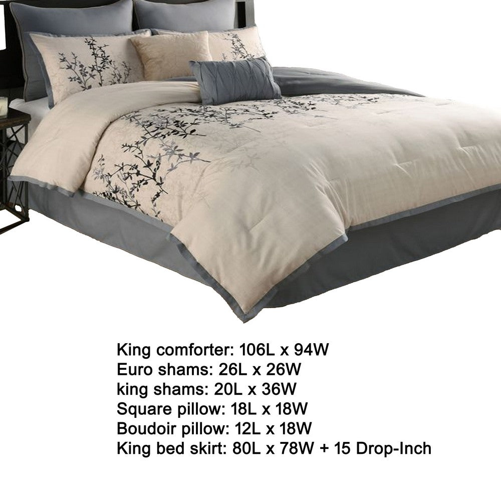 Yedy 8pc King Size Comforter Set, Blue and Cream Floral Embroidery -BM326684