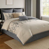 Yedy 8pc King Size Comforter Set, Blue and Cream Floral Embroidery -BM326684