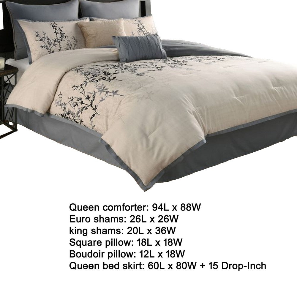 Yedy 8pc Queen Size Comforter Set, Blue and Cream Floral Embroidery -BM326685