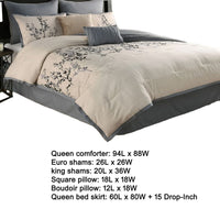 Yedy 8pc Queen Size Comforter Set, Blue and Cream Floral Embroidery -BM326685