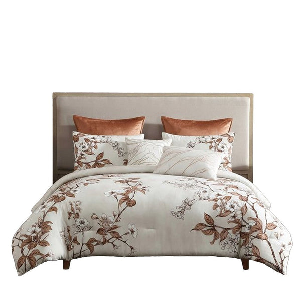 Jenya 5pc King Size Comforter Set, Spice Orange Floral Print, White -BM326688
