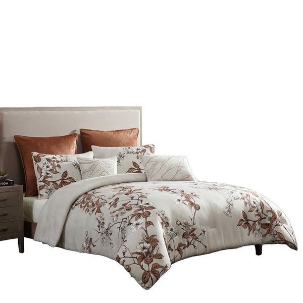 Jenya 5pc King Size Comforter Set, Spice Orange Floral Print, White -BM326688