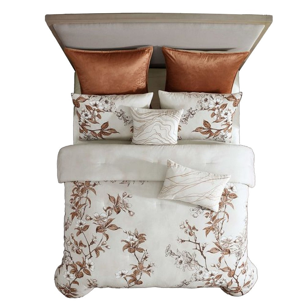 Jenya 5pc King Size Comforter Set, Spice Orange Floral Print, White -BM326688