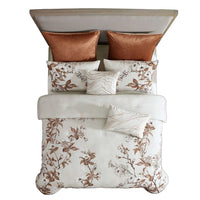 Jenya 5pc King Size Comforter Set, Spice Orange Floral Print, White -BM326688