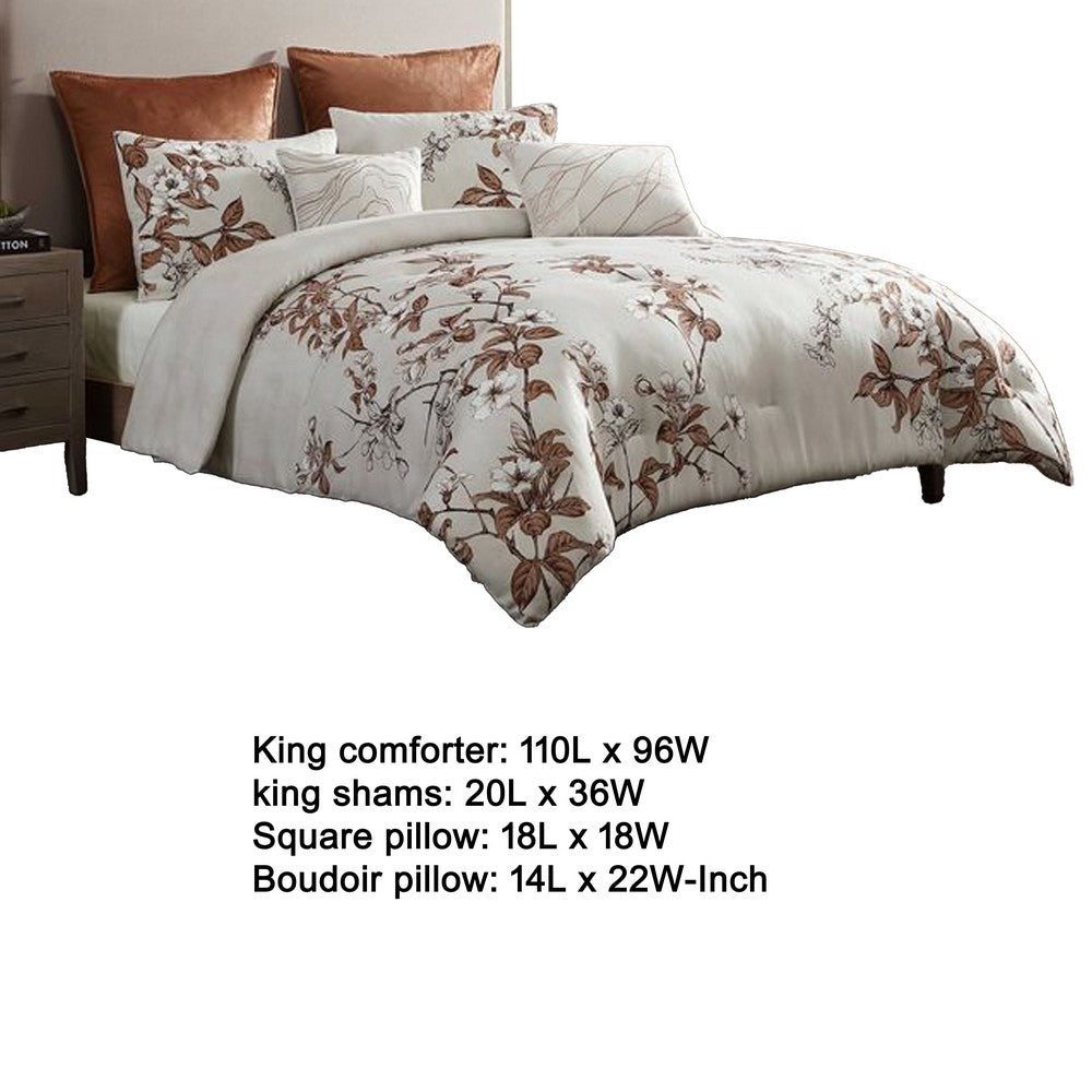 Jenya 5pc King Size Comforter Set, Spice Orange Floral Print, White -BM326688