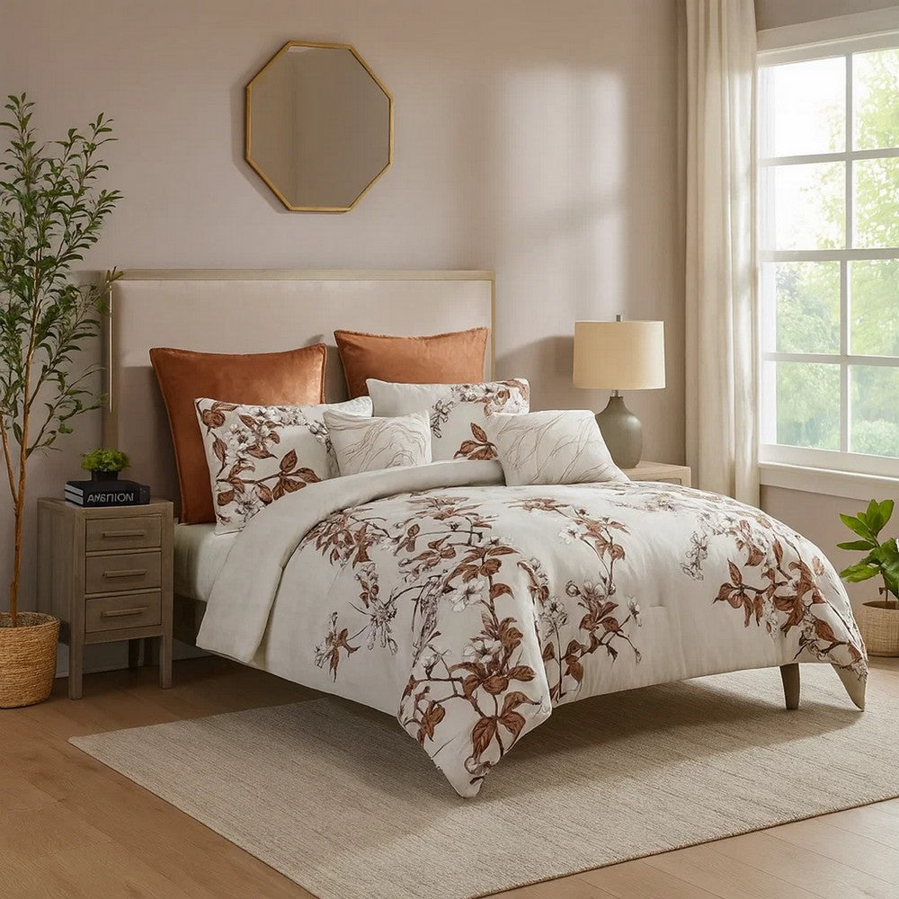 Jenya 5pc Queen Size Comforter Set with Shams, Floral Print White -BM326689