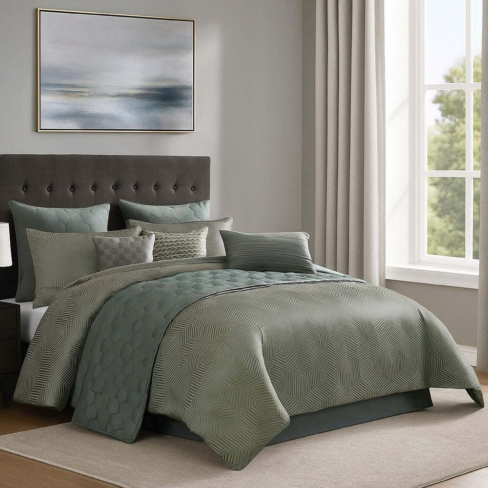 Mely 10pc Coverlet King Comforter Set, Shams, Green Woven Jacquard -BM326695