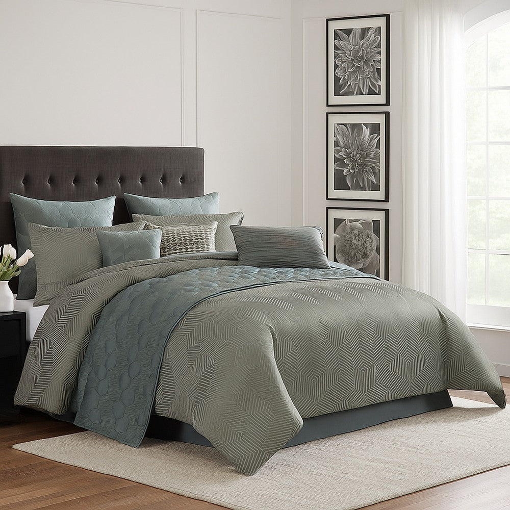 Mely 10pc Coverlet Queen Comforter Set, Shams, Green Woven Jacquard -BM326696