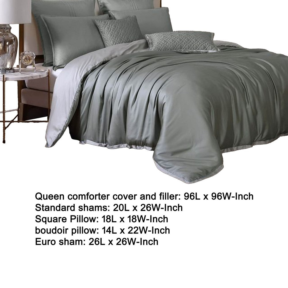 Keo 9pc King Comforter Set, Reversible, Soft Sage Gray Silky Fabric -BM326699