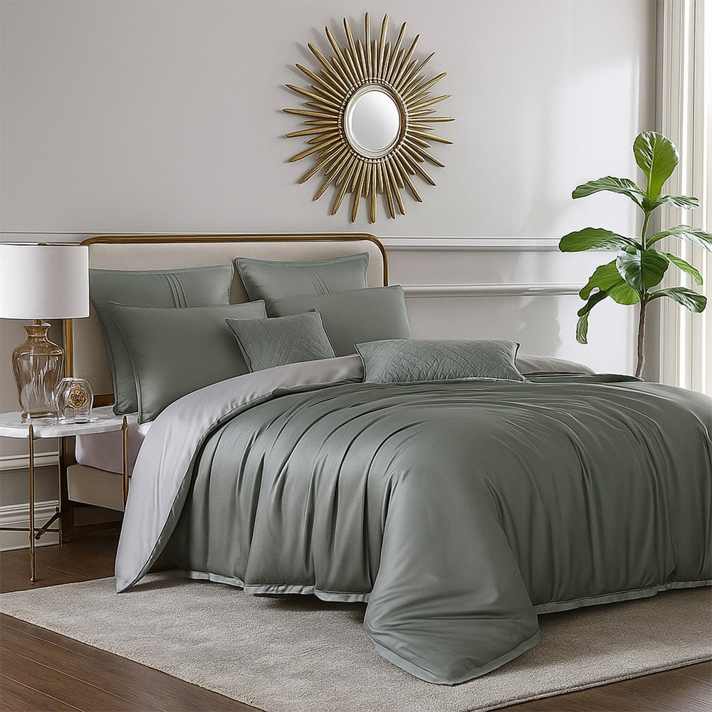 Keo 9pc King Comforter Set, Reversible, Soft Sage Gray Silky Fabric -BM326699