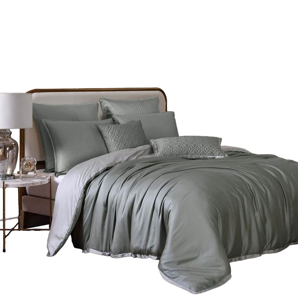 Keo 9pc King Comforter Set, Reversible, Soft Sage Gray Silky Fabric -BM326699