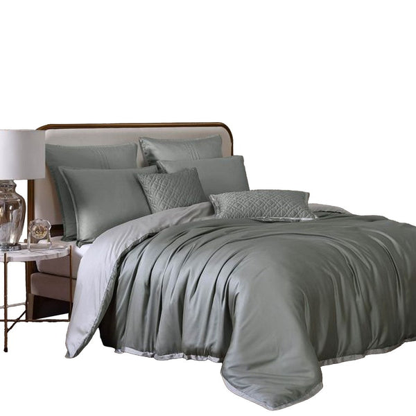 Keo 9pc King Comforter Set, Reversible, Soft Sage Gray Silky Fabric -BM326699