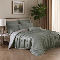 Keo 8pc Queen Comforter Set, Reversible, Shams, Sage Gray Silky Fabric -BM326700